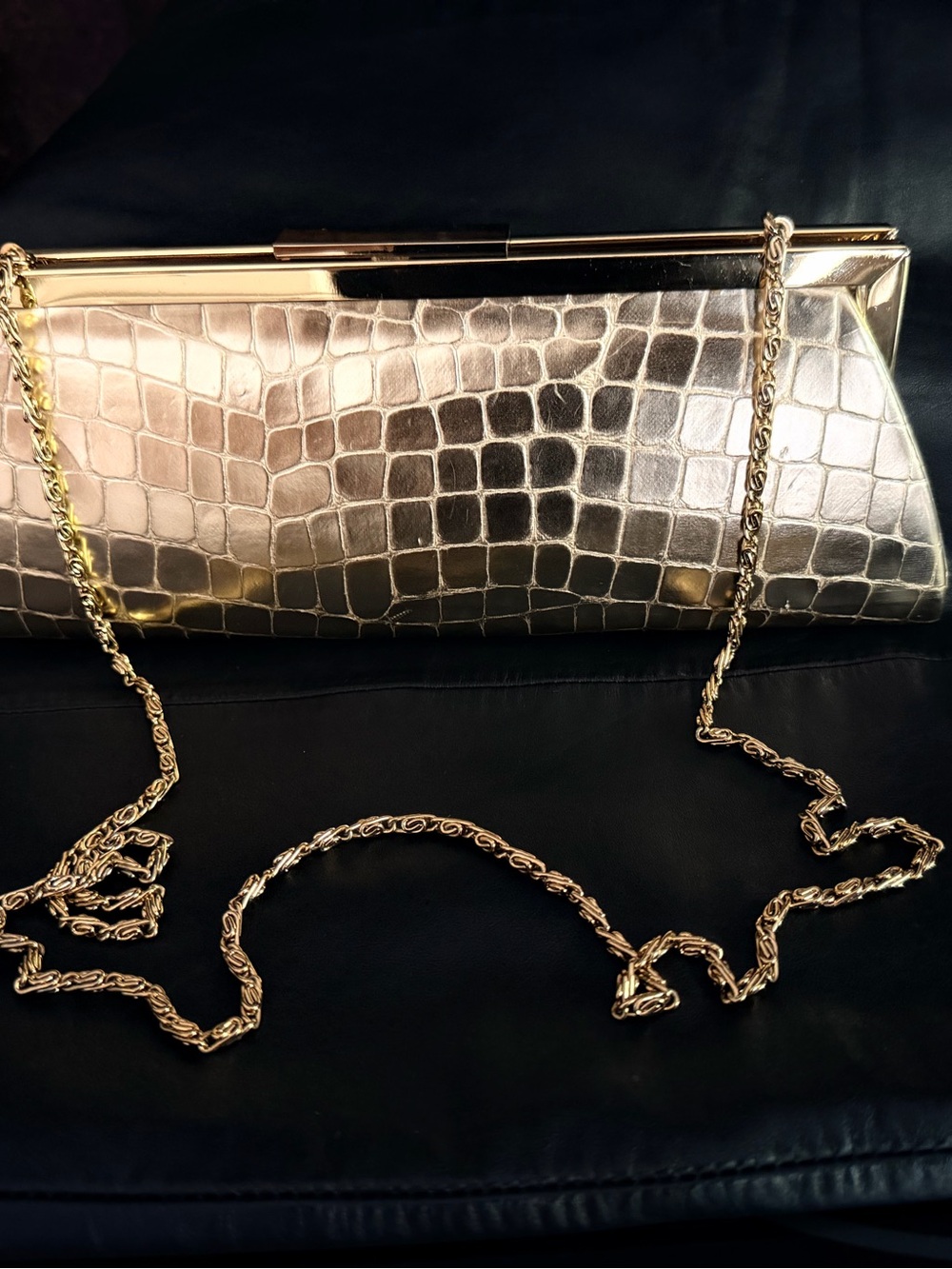 Vintage Jessica McClintok Metallic Gold Croc-Embossed Chain Clutch
